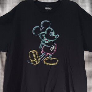 Disney Mickey Mouse Retro Neon Lights Cotton Black Short Sleeve T-shirt Size XXL
